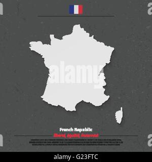 French Republic map and official flag icon over dark background. vector France political map 3d illustration. European State geo Stock Vector