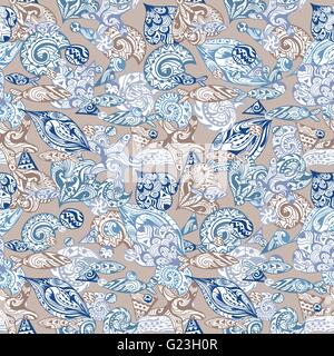 Seamless sketch marine texture in blue, purple and beige colors with sea life hand-painted outline illustrations for textile and Stock Vector