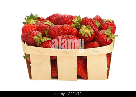 Wooden wicker basket full of mellow fresh red summer strawberries isolated on white background, side view Stock Photo