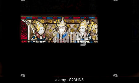 One of the117 story panels in the medieval century stained glass window at the east end of York Minster (cathedral), England. Stock Photo