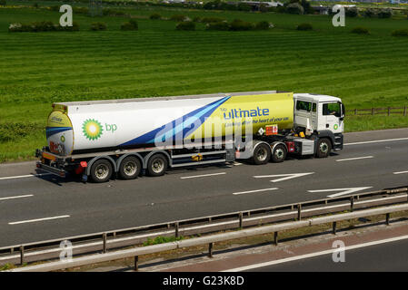 BP fuel tanker HGV travelling on the M56 motorway in Cheshire UK Stock Photo