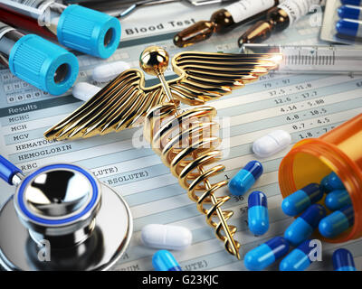 Healthcare medical concept. Pills, capsules, stethoscope, syringe and caduceus sign on the blood test results. 3d illustration Stock Photo