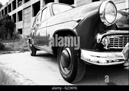Side of the old vintage retro car.  Black and white photo Stock Photo