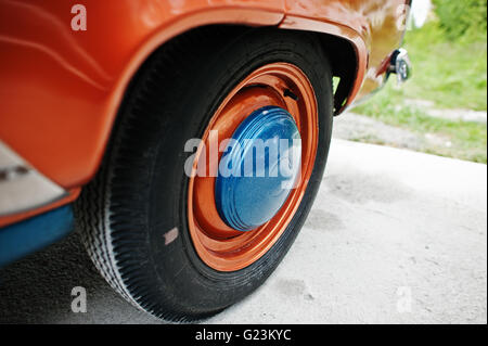 Vintage wheel at retro car. Black and white photo Stock Photo