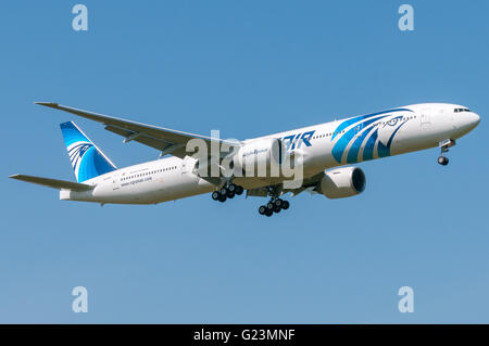 London, UK, April 9th 2011: a Boeing 777 of national airline Egyptair in short final for landing at Heathrow. Stock Photo