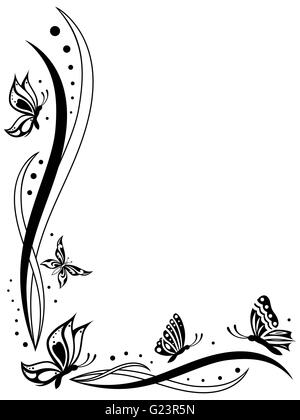 Floral greeting card with butterflies, black vector outlines on the white background with the place for text Stock Vector