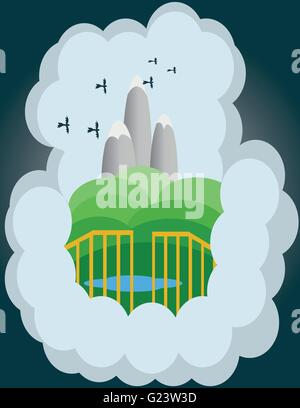 Abstract cloud illustration with silver mountains, green hills and birds flying. Digital vector image Stock Vector