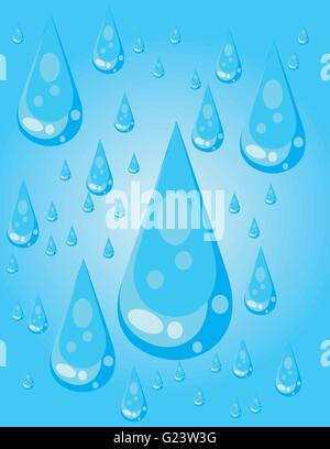 Big blue conic water drops with glows and reflections, over a blue background. Digital image vector. Stock Vector