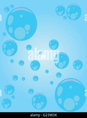 Big blue round water drops with glows and reflections, over a blue background. Digital image vector. Stock Vector