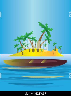 An abstract island in the sea, with yellow land and green palms with a boat. Digital vector image. Stock Vector