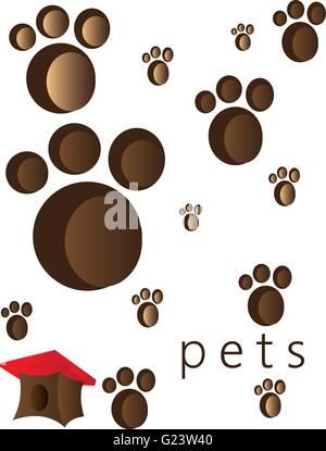 Pets and animals foot steps and traces with a small red roof cage. Digital vector image. Stock Vector