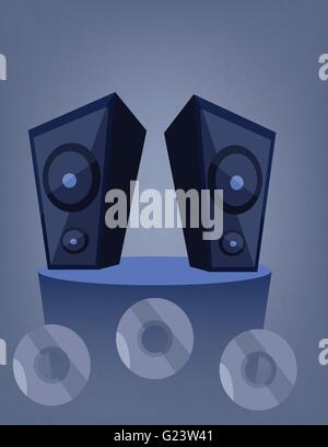 Two blue music speakers on a deck over a blue background with dvd and cd disks. Digital vector image. Stock Vector