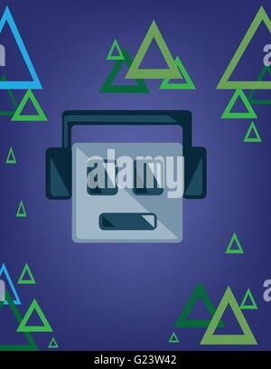 Music emoticon with smile and headphones over a blue background with green and blue triangles. Digital vector image. Stock Vector