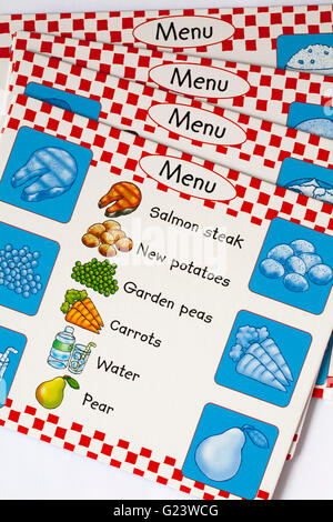 Menu cards showing healthy food - part of Greedy Gorilla game - feed the junk food to the gorilla while you make up a healthy meal Stock Photo