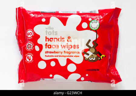 Packet of Wilko tots hands & face wipes strawberry fragrance isolated on white background - flushable and biodegradable wipes Stock Photo