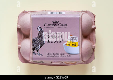 Carton of Clarence Court Mabel Pearman's Burford Browns 6 Free Range eggs with deep brown coloured shells isolated on pale yellow background - egg box Stock Photo