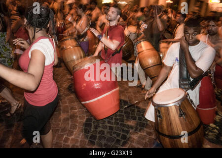 Night Street Dancing with drummers,,   San Telmo,  Buenos Aires, Argentina Stock Photo