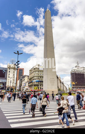 Obelisk of Buenos Aires and Avenida 9 de Julio, crosswalk, pedestiants, Argentina Stock Photo