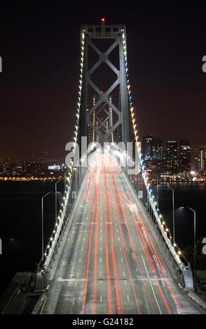 Car lights create streaks in this long exposure of the Bay Bridge Stock Photo