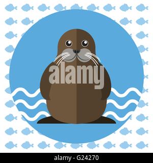 Abstract illustration with a walrus on blue water with waves in a round blue frame, over an white background with fish. Digital  Stock Vector