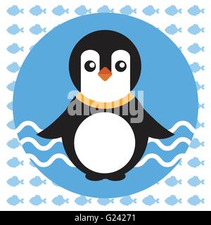 Abstract illustration with a baby penguin on blue water with waves in a round blue frame, over an white background with fish. Di Stock Vector