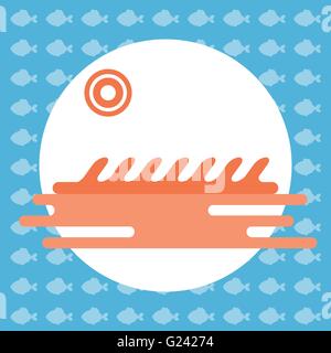 Abstract illustration with ocean water and a sun in a round frame, over an blue background with fish. Digital vector image. Stock Vector