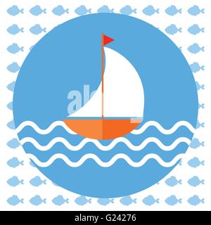 Abstract illustration with a boat on blue water with waves in a round blue frame, over an white background with fish. Digital ve Stock Vector