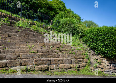 Old sandstone steps along a garden bank. Stock Photo