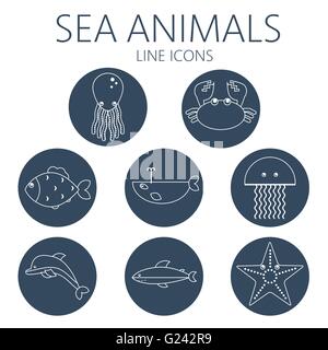 Black sea animal set in outlines with octopus, crab, fish, penguin, shark, whale, jellyfish and starfish. Digital vector image. Stock Vector