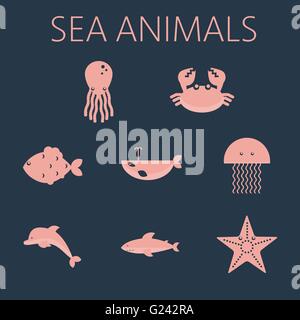 Pink sea animal set in outlines with octopus, crab, fish, penguin, shark, whale, jellyfish and starfish. Digital vector image. Stock Vector