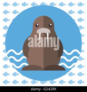 Abstract illustration with a brown walrus on blue water with waves in a round blue frame, over an white background with fish. Di Stock Vector