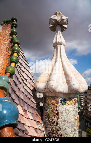 Detail Of A Casa Batlo Chimney and Dragon's Back Roof, designed by Antonio Gaudi, Barcelona, Catalonia, Spain. Stock Photo