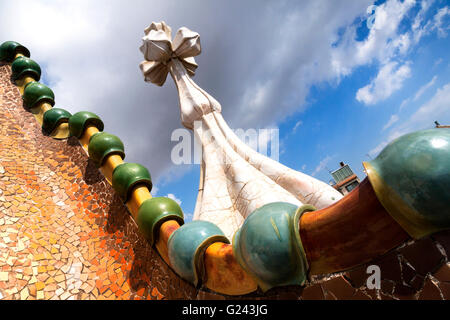 Detail Of A Casa Batlo Chimney and Dragon's Back Roof, designed by Antonio Gaudi, Barcelona, Catalonia, Spain. Stock Photo