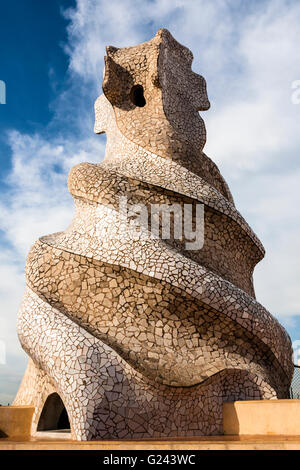 Casa Mila (La Pedrera) Roof Ventilation Tower by Antonio Gaudi, Barcelona, Catalonia, Spain. Stock Photo