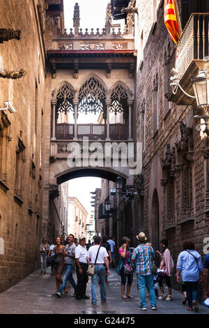 Neogothic Bridge by Joan Rubia over the Carrer del Bisbe in the Gothic Quarter, Barcelona, Catalonia, Spain. Stock Photo