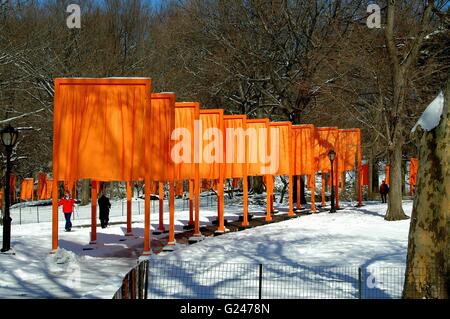 New York City:  Orange fabric panels comprise Christo's public art installation The Gates in Central Park Stock Photo