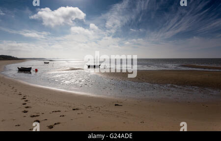 Hjerting, Denmark. Small boats on Hjerting beach with Esbjerg in the background on a beautiful September morning. Stock Photo