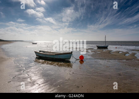 Hjerting, Denmark. Small boats on Hjerting beach with Esbjerg in the background on a beautiful September morning. Stock Photo