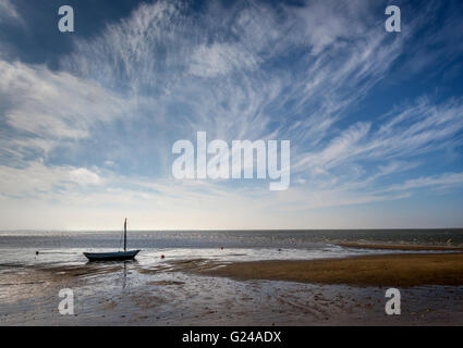 Hjerting, Denmark. Small boats on Hjerting beach with Esbjerg in the background on a beautiful September morning. Stock Photo