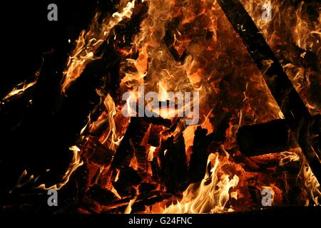Burning wood in bonfire Stock Photo