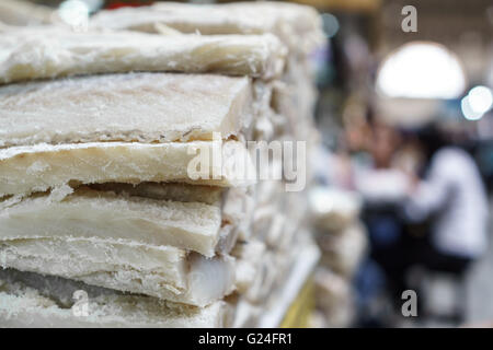 Stand full of salty codfish fillet in the market Stock Photo