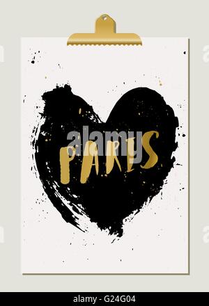 Modern and stylish Paris poster template. Hand drawn black heart, hand lettered gold foil text, golden clip. Gold, white and bla Stock Vector