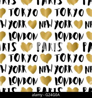 Typographic style seamless repeat pattern. Hand lettered city names in black and white, hand drawn gold foil heart. Black, white Stock Vector