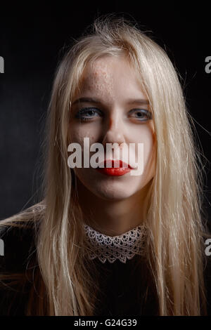 before and after skin cleaning blond girl on black background Stock Photo