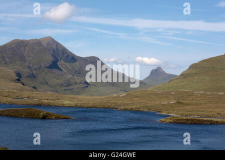 Cul Beag Stac Pollaidh in background An Loagh on flank of Cul Mor Lochan an Ais foreground from Knockan Crag Assynt Scotland Stock Photo