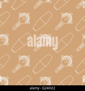 vector light color outline design barman tools boston shaker strainer isolated brown gold background deco seamless pattern Stock Vector