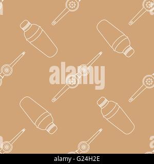 vector light color outline design barman tools cobbler shaker squeezer isolated brown gold background deco seamless pattern Stock Vector