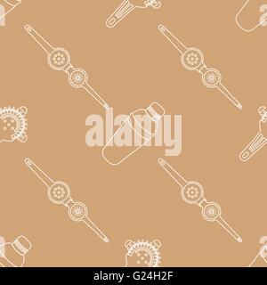 vector light color outline design barman tools cobbler shaker squeezer isolated brown gold background deco seamless pattern Stock Vector