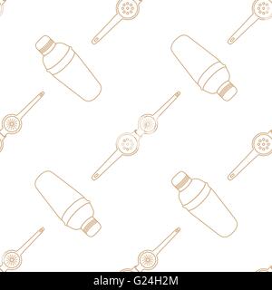 vector brown gold color outline design barman tools cobbler shaker squeezer isolated white background deco seamless pattern Stock Vector