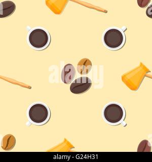 vector colorful flat design coffee beans cup truck hot pot isolated yellow cream background deco seamless pattern Stock Vector